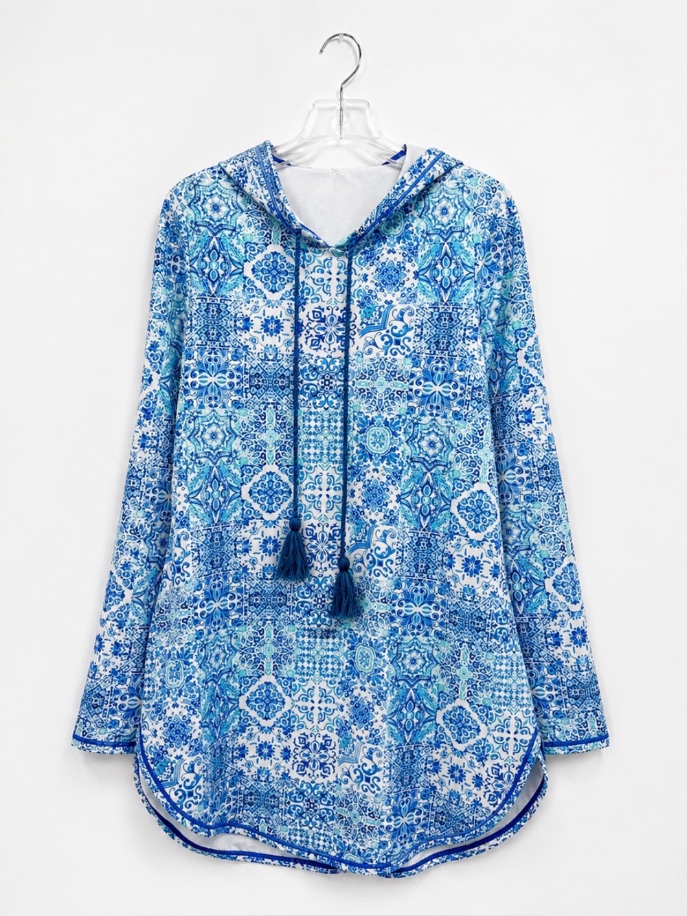AQUA Et SOL Swimsuit Cover Up Tassel Tie Stretchy Quick Dry Ikat Blue White M